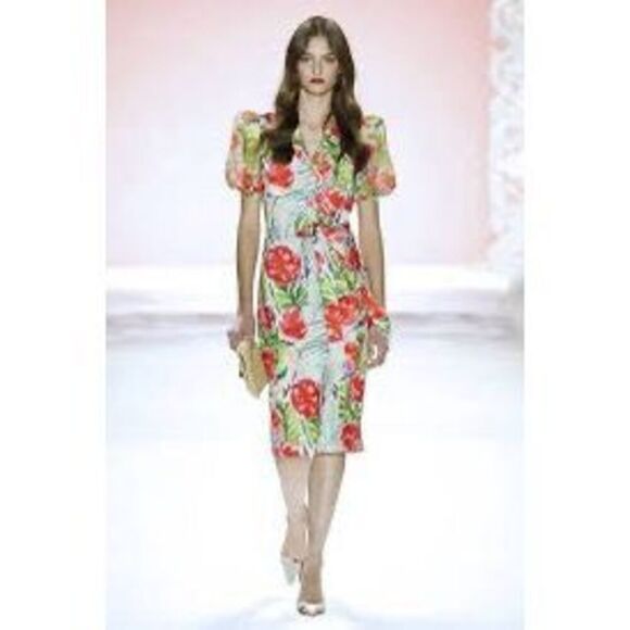 Badgley Mischka Size 2 Palm Floral Collared Sheath Dress Green Pink Knee Length - Picture 1 of 15